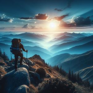 backpacker hiking up a mountain at sunset-2